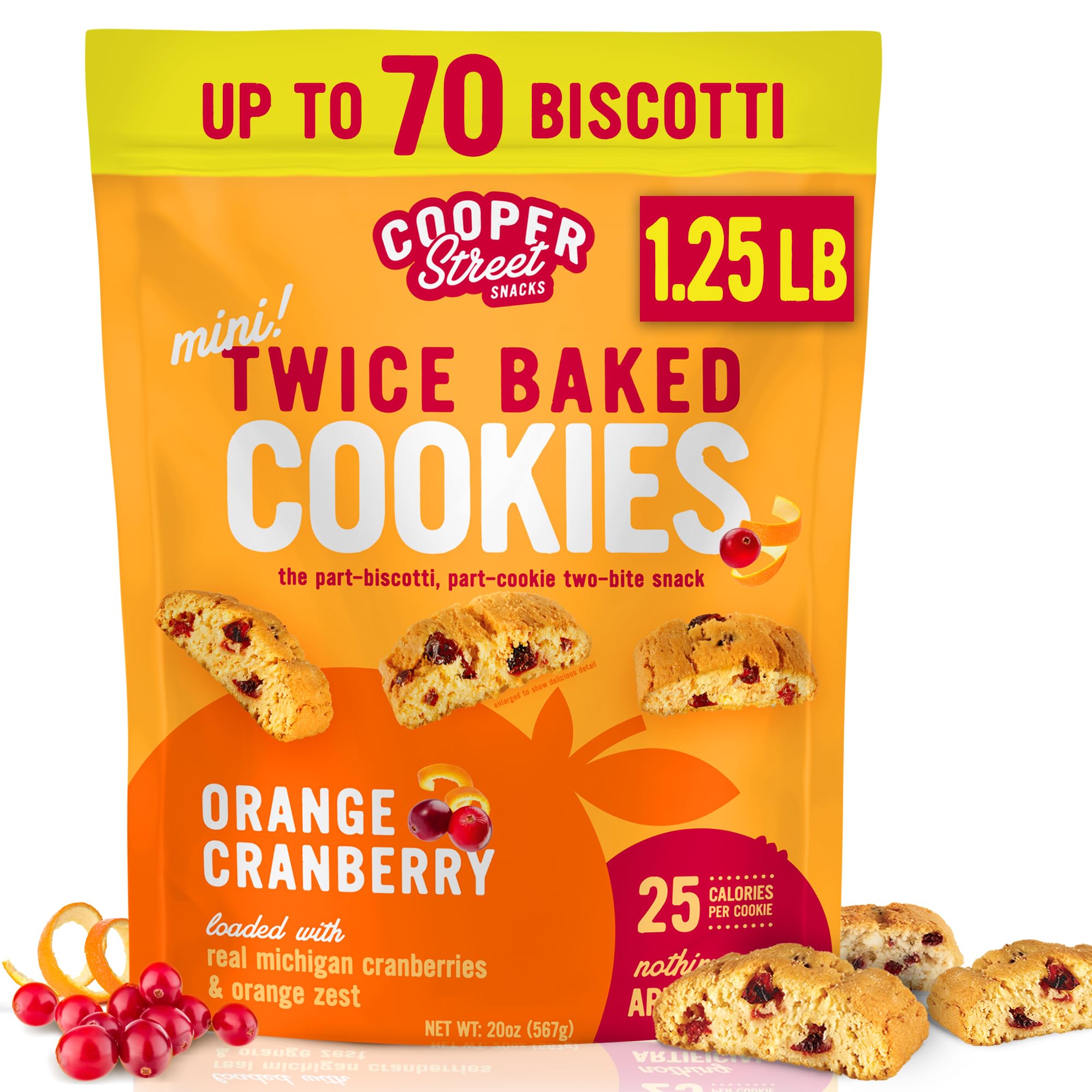 COOPER STREET Low Calorie Orange Cranberry Biscotti Cookies - Light and Crispy - Adults & Kids Snack - 1.25 Lb - Kosher,